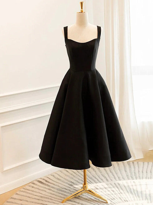 Black Satin Tea Length Straps Homecoming Dress, Simple Black Satin Prom Dress